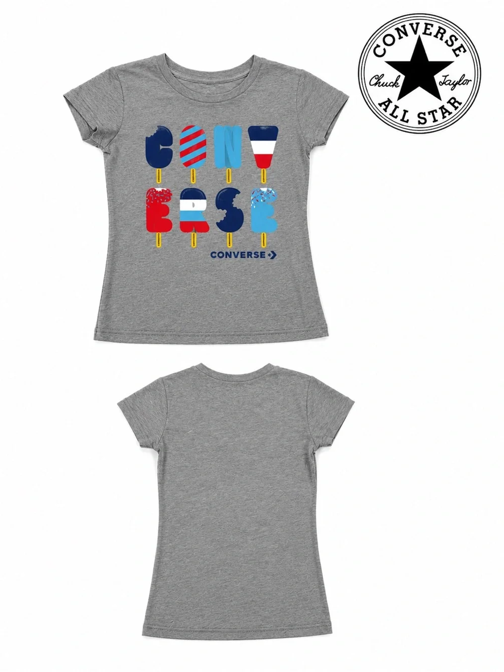 Converse Gray Girls' Short Sleeve Tee with Red, Blue, White Popsicle Graphic